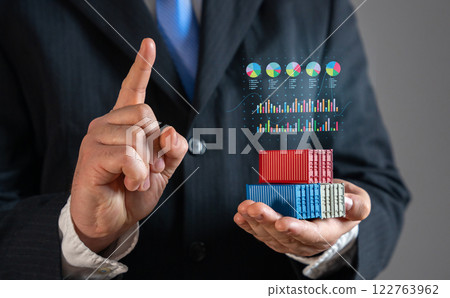 The businessman presents financial indicators and results for trade and cargo transportation. Shipping revenue, logistics performance, freight costs, supply chain analysis, transportation investment The businessman presents financial indicators and results for trade and cargo transportation. Shipping revenue, logistics performance, freight costs, supply chain analysis, transportation investment 122763962