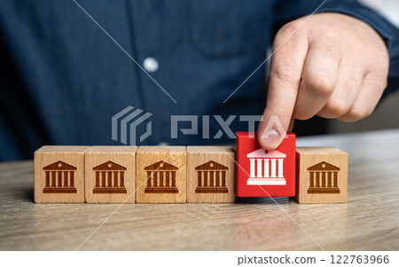 Businessman chooses a bank. Selection of a government agency for reduction and optimization. Financial efficiency, budget cuts, economic policy, and cost optimization. 122763966