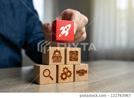 A businessman builds a strategy for a successful business and launching a startup. Investment funding, growth strategies, business development, and competitive advantage. A businessman builds a strategy for a successful business and launching a startup. Investment funding, growth strategies, business development, and competitive advantage. 122763967