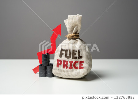 Rising crude oil and fuel prices, money bag and barrels of oil with a red arrow pointing up. Energy market volatility, petroleum industry trends, economic impact, 122763982