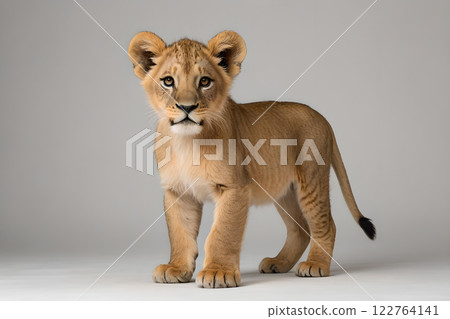 一隻可愛的小獅子看著鏡子頭，野生動物橫向廣告宣傳冊促銷單素材圖片 122764141