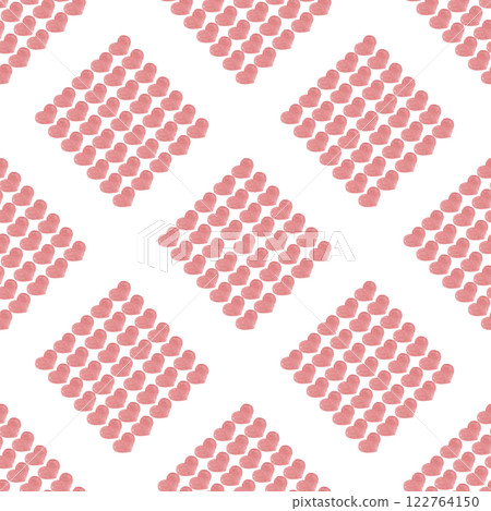 Hand drawn hearts. Pink watercolor. Squares of love symbols. Diagonal checkered print. Seamless festive pattern for your design Hand drawn hearts. Pink watercolor. Squares of love symbols. Diagonal checkered print. Seamless festive pattern for your design 122764150