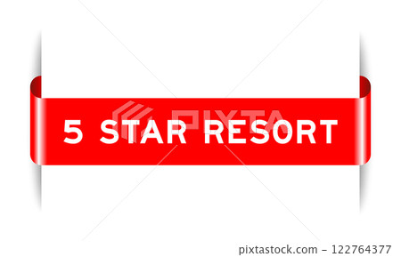 Red color inserted label banner with word 5 star resort on white background 122764377