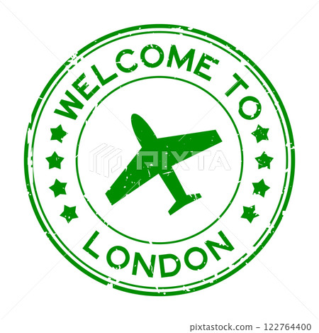 Grunge green welcome to london with airplane icon round rubber seal stamp on white background 122764400