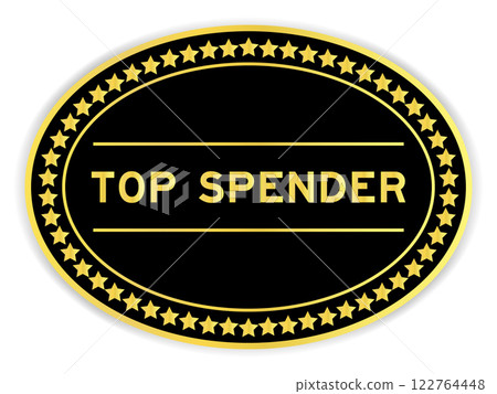 Black and gold color oval label sticker with word top spender on white background 122764448