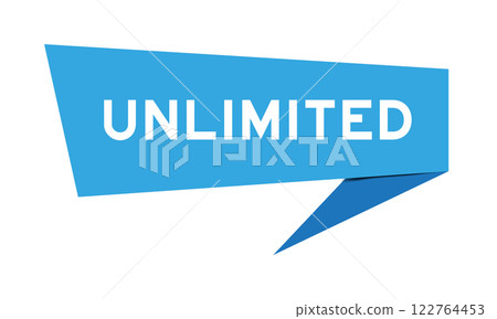 Blue color speech banner with word unlimited on white background 122764453