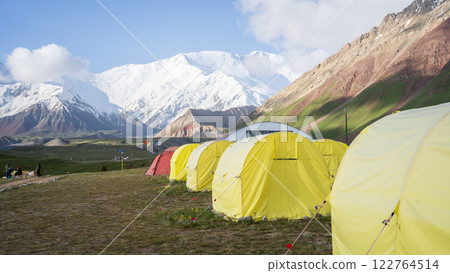 Expedition basecamp view with many tents build in valley under snowy Pamir Mountains, Kyrgyzstan Expedition basecamp view with many tents build in valley under snowy Pamir Mountains, Kyrgyzstan 122764514
