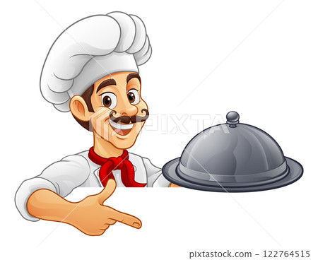 Chef Baker Cook Platter Cartoon Man Pointing Sign 122764515
