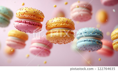 Stack brightly macarons rising, floating air. Sweet French sandwich cookies. Concept lightness 122764635