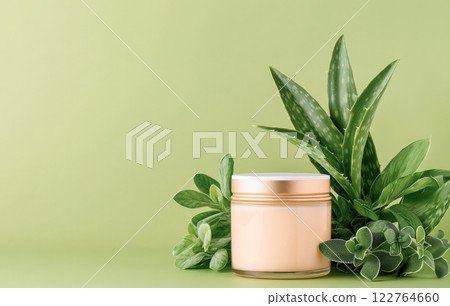 Concept natural ingredients glass jar Aloe Vera skin care, extract, aloe leaves background green. Concept natural ingredients glass jar Aloe Vera skin care, extract, aloe leaves background green. 122764660