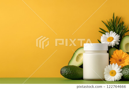 Luxurious Premium cream jar, flower, daisy, pastel, Background yellow. Copy space, mockup, banner 122764666