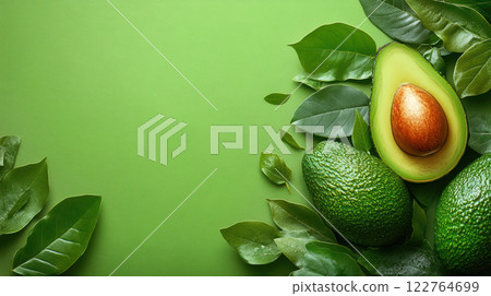 Flat Lay avocados, leaves green, sliced, top view avocado leaves, space text, vegetarian, vitamin Flat Lay avocados, leaves green, sliced, top view avocado leaves, space text, vegetarian, vitamin 122764699