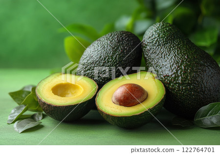Group avocados, leaves green, sliced, top view avocado leaves, space text, vegetarian food, vitamin 122764701