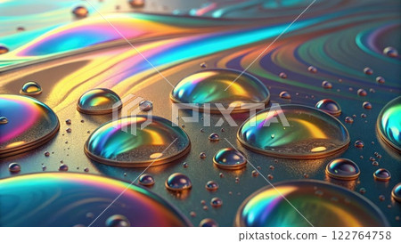 Colorful Water Droplets on Reflective Metallic Surface with Iridescent Light 122764758