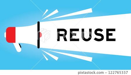 Color megaphone icon with word reuse in white banner on blue background Color megaphone icon with word reuse in white banner on blue background 122765337
