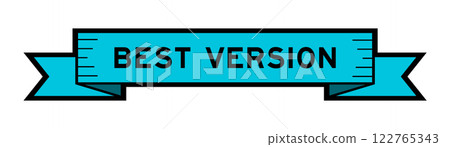 Ribbon label banner with word best version in blue color on white background 122765343