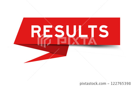 Red color speech banner with word results on white background 122765398