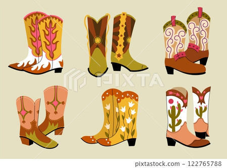 Cowboy boots. Western men and women footwear, traditional Texas leather shoes with decorative elements, country culture various boot concept. Vector wild west boots set Cowboy boots. Western men and women footwear, traditional Texas leather shoes with decorative elements, country culture various boot concept. Vector wild west boots set 122765788