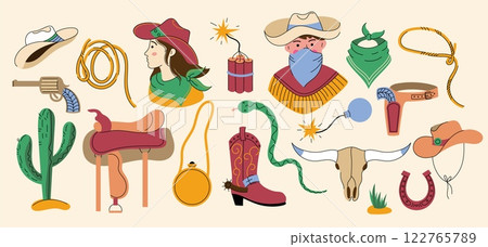 Doodle cowboy set. Cartoon wild west stickers, cute western elements cactus saddle horseshoe lasso bandana cowgirl hat boot. Vector cowboy collection 122765789