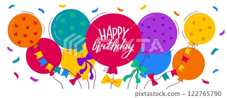 Birthday party banner. Cartoon poster with colorful balloons, cake with candles and gift boxes, happy birthday kids card design. Happy birthday celebration vector background Birthday party banner. Cartoon poster with colorful balloons, cake with candles and gift boxes, happy birthday kids card design. Happy birthday celebration vector background 122765790