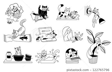 Funny cat character. Cute fluffy kittens in different cat poses, cheerful domestic pet sketch with positive emotions, outline doodle feline mascot. Vector isolated kitten set Funny cat character. Cute fluffy kittens in different cat poses, cheerful domestic pet sketch with positive emotions, outline doodle feline mascot. Vector isolated kitten set 122765796