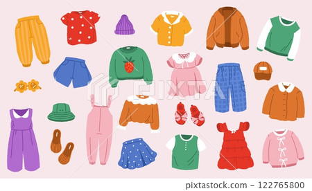 Kids summer clothes. Cartoon cute child outfits, boys and girls fashionable children casual apparel, child flat cartoon style. Vector isolated set 122765800