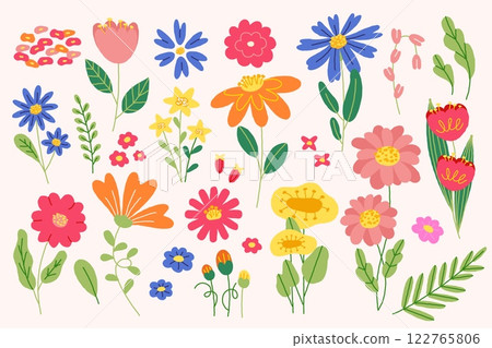 Cute spring flowers. Cartoon floral colorful elements, abstract doodle wild blossom leaves flat decorative graphic for wedding card. Vector flower isolated set 122765806