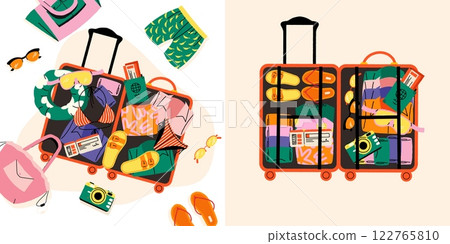 Suitcase with clothes. Cartoon open travel bag with packed things, travel luggage with organized clothes and accessories for road trip. Vector flat suitcase illustration 122765810