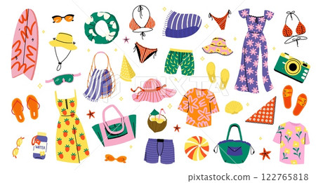 Summer beach items. Cartoon holiday elements with sunscreen, towel, flip flops, sunglasses, beach bag, cocktail, bikini, sea shell. Vector sea beach isolated set 122765818