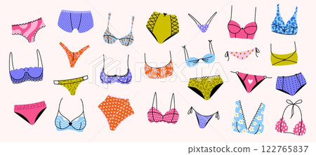 Woman underwear. Sexy feminine lingerie bra thong bikini, romantic girl intimate apparel for valentines day. Cartoon chic underpants boutique. Vector underwear set Woman underwear. Sexy feminine lingerie bra thong bikini, romantic girl intimate apparel for valentines day. Cartoon chic underpants boutique. Vector underwear set 122765837