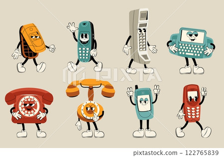 Retro phone characters. Cartoon vintage telephone devices with faces, old dial up phones and retro wireless gadgets with funny expressions. Vector isolated set 122765839