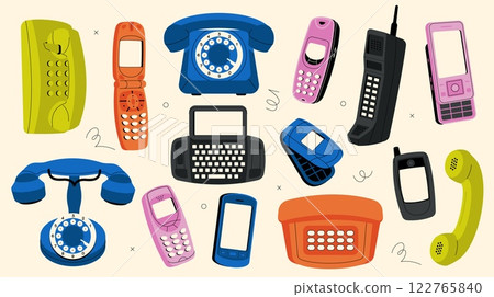 Vintage phones. Cartoon retro telephone devices and cell phones, antique wired dial communication equipment, old phone icons flat style. Vector isolated phones collection 122765840