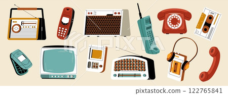 Retro gadgets. Vintage 90s hipster technology stickers, cartoon phone, cassette old analog gadget radio and tv set, electronics devices, cell phone and game machines, headphone. Vector gadgets Retro gadgets. Vintage 90s hipster technology stickers, cartoon phone, cassette old analog gadget radio and tv set, electronics devices, cell phone and game machines, headphone. Vector gadgets 122765841