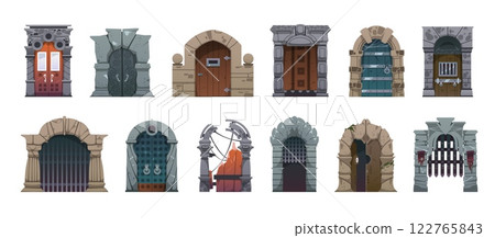 Castle door. Cartoon medieval wooden stone and iron gates for fantasy constructor game, ancient stone brick building castle entrance with lock and handle. Vector set 122765843