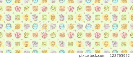Easter season doodle style icons and quotes seamless pattern, hand-drawn spring hunt theme background, cute symbols and elements collection. 122765952