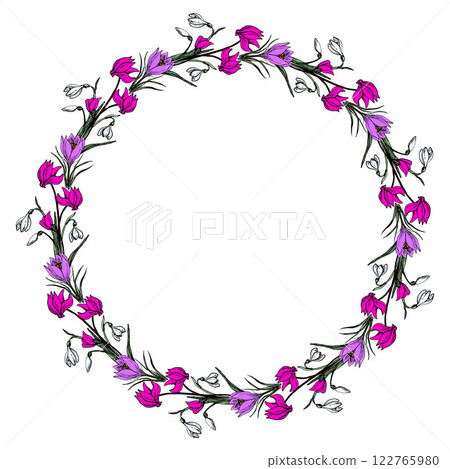 Hand Drawn Colorful Round Flower Wreath Frame Hand Drawn Colorful Round Flower Wreath Frame 122765980