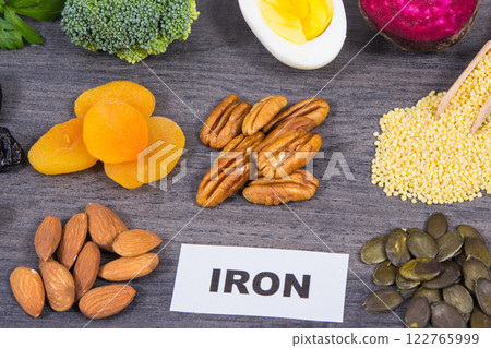 Healthy ingredients as source natural iron and other minerals and vitamins. Best food during anemia 122765999