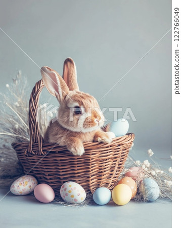 Easter bunny in a wicker basket, colored eggs and spring flowers. Neutral tone with muted colors. Easter bunny in a wicker basket, colored eggs and spring flowers. Neutral tone with muted colors. 122766049