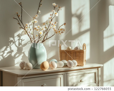 The Easter decoration in a living room, a vase with a blooming spring branch, colored Easter eggs, Easter decorations, the room is flooded with sunlight, Scandinavian-style interior The Easter decoration in a living room, a vase with a blooming spring branch, colored Easter eggs, Easter decorations, the room is flooded with sunlight, Scandinavian-style interior 122766055