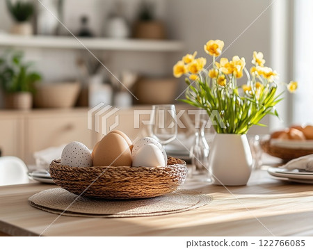 Easter festive dining table with painted eggs in a wicker plate, with spring flowers in a vase, with glasses and plates. Easter festive dining table with painted eggs in a wicker plate, with spring flowers in a vase, with glasses and plates. 122766085