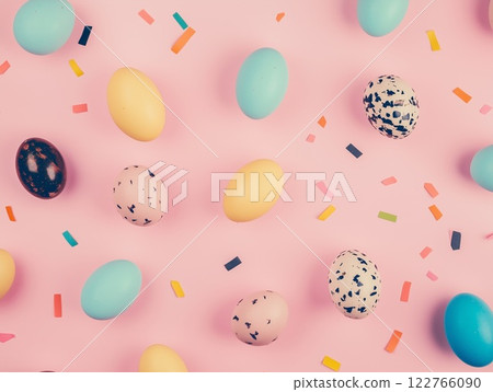 Easter pink background with colored eggs and confetti. View from above Easter pink background with colored eggs and confetti. View from above 122766090