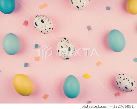 Easter pink background with colored eggs and confetti. View from above 122766091