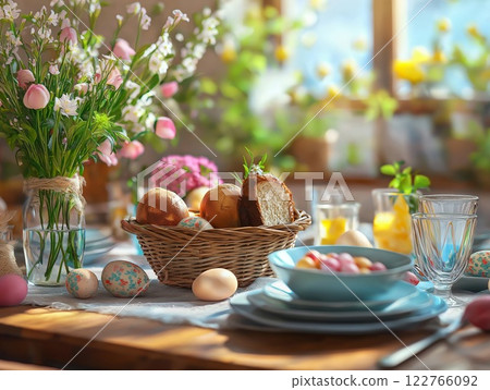 Easter festive dining table with chicken eggs, pastries and spring flowers in a vase. The minimalistic design room is flooded with sunlight. 122766092
