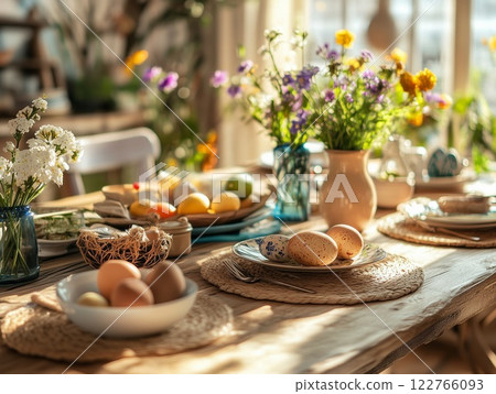 Easter festive dining table with colorful chicken eggs, pastries and spring flowers in vases. The cozy room is flooded with sunlight. Easter festive dining table with colorful chicken eggs, pastries and spring flowers in vases. The cozy room is flooded with sunlight. 122766093