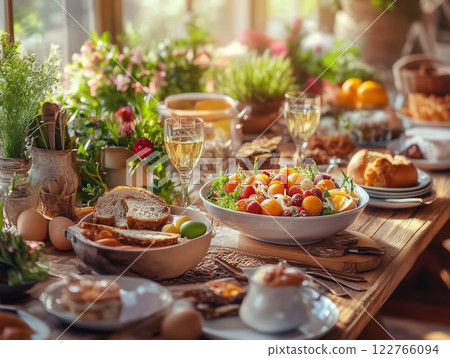 Easter festive dining table with colorful chicken eggs, pastries and flowering plants in pots. The cozy room is flooded with sunlight. Easter festive dining table with colorful chicken eggs, pastries and flowering plants in pots. The cozy room is flooded with sunlight. 122766094