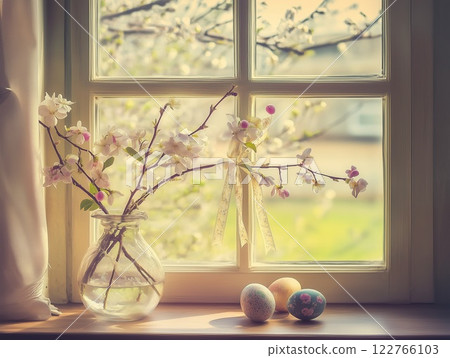 Easter colored eggs, blooming spring branches in a vase with satin ribbons on the window. Easter colored eggs, blooming spring branches in a vase with satin ribbons on the window. 122766103