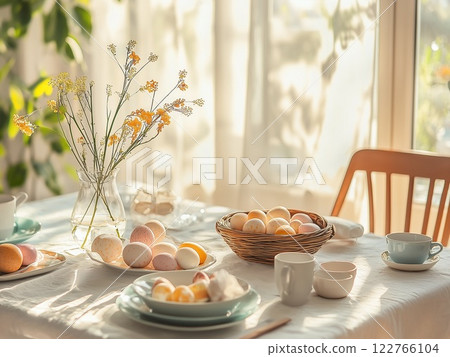Easter festive dining table with chicken eggs and spring flowering branches. The minimalistic design room is flooded with sunlight. Easter festive dining table with chicken eggs and spring flowering branches. The minimalistic design room is flooded with sunlight. 122766104