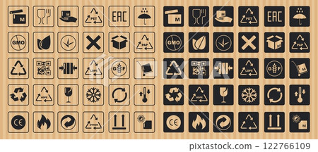 Packaging safety symbols. Delivery cargo transport stickers with fragile, handle with care, do not stack, keep dry, up arrows shipping icons. Vector isolated set 122766109