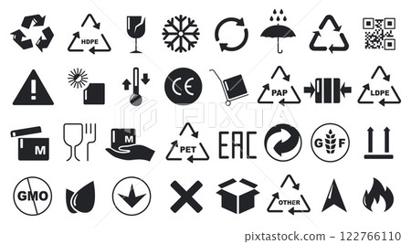 Packaging and recycling symbols. Food packaging warning signs, frozen products temperature storage, delivery and shipping standard. Vector safety icons isolated set Packaging and recycling symbols. Food packaging warning signs, frozen products temperature storage, delivery and shipping standard. Vector safety icons isolated set 122766110
