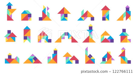 Tangram buildings. Geometric kids puzzle game with colored triangle square and rhombus shapes, creative geometry construction of various elements. Vector tangram set Tangram buildings. Geometric kids puzzle game with colored triangle square and rhombus shapes, creative geometry construction of various elements. Vector tangram set 122766111